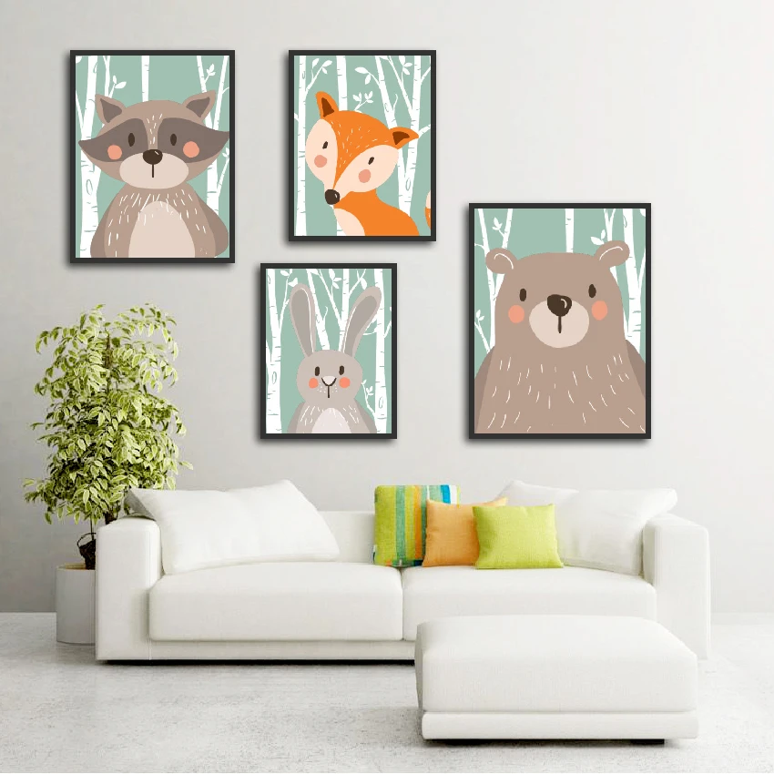 Cartoon Cute Animals Poster Fox Rabbit Raccoon Bear Print Canvas Painting Picture Home Wall Art Graffiti Bedroom Decor Custom