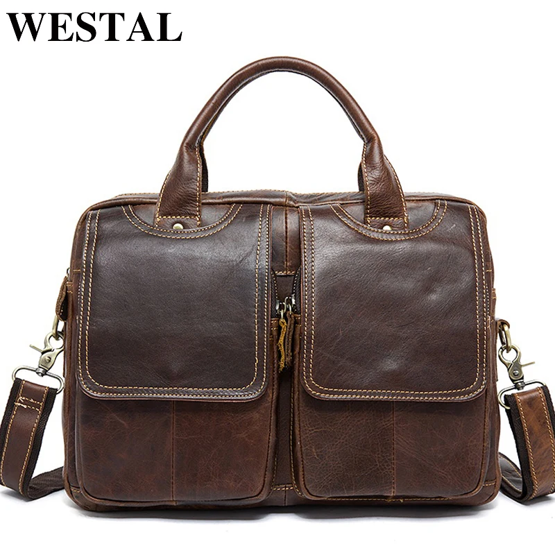 WESTAL Men\'s Bag Genuine Leather Men\'s Briefcases Laptop Bag Leather Totes for Document Office Bags for Men Messenger Bags 8002