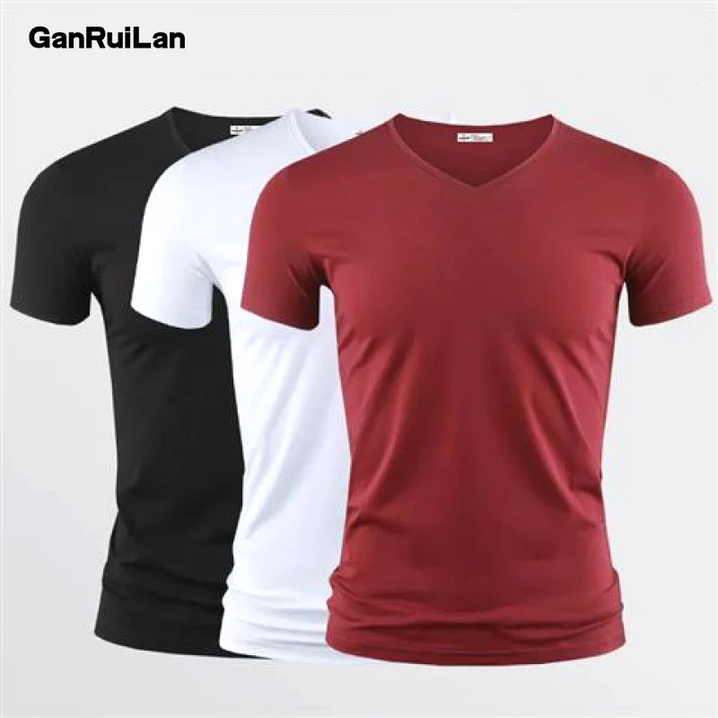 

2024 New Mens T Shirt Pure Color V Collar Short Sleeved Tops Tees Men T-Shirt Black Tights Man T-Shirts Fitness For Male Clothes