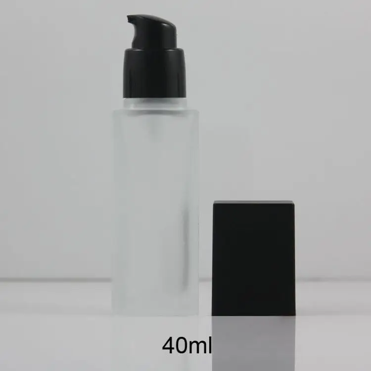 

50pcs/lot 40ml glass frosted serum bottle with black cap, square skincare foundation glass bottles refillable bottle