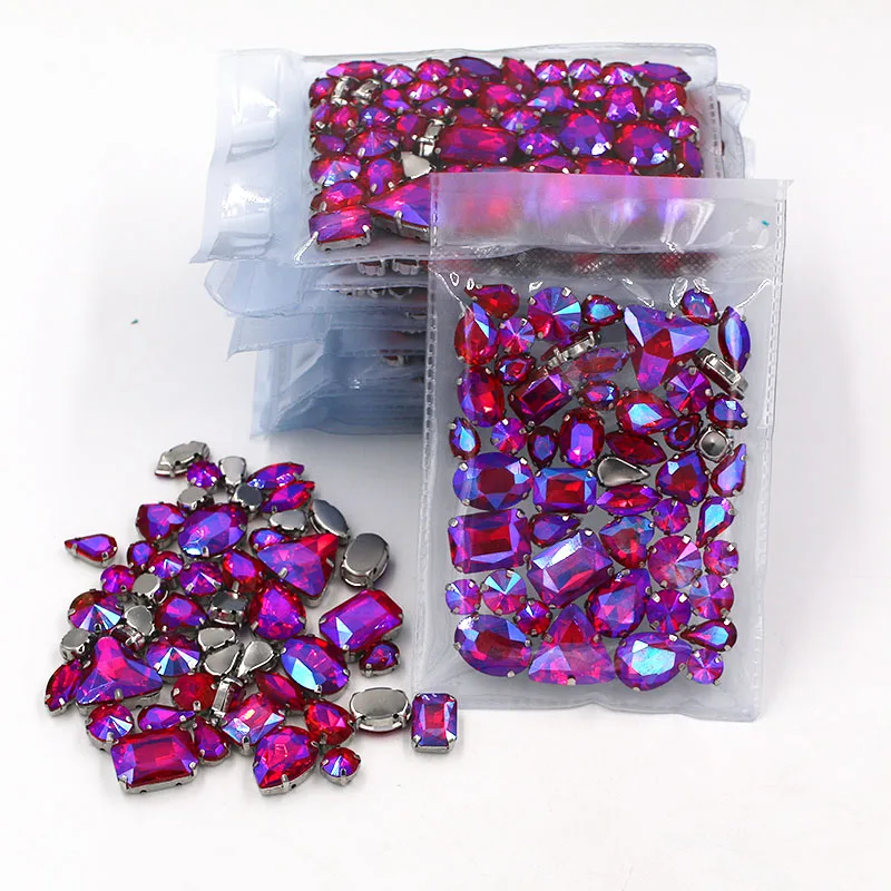 Best seller Wholesale 5 bags mixed shape sew on glass Red AB silver base rhinestones diy dress/Clothing accessories