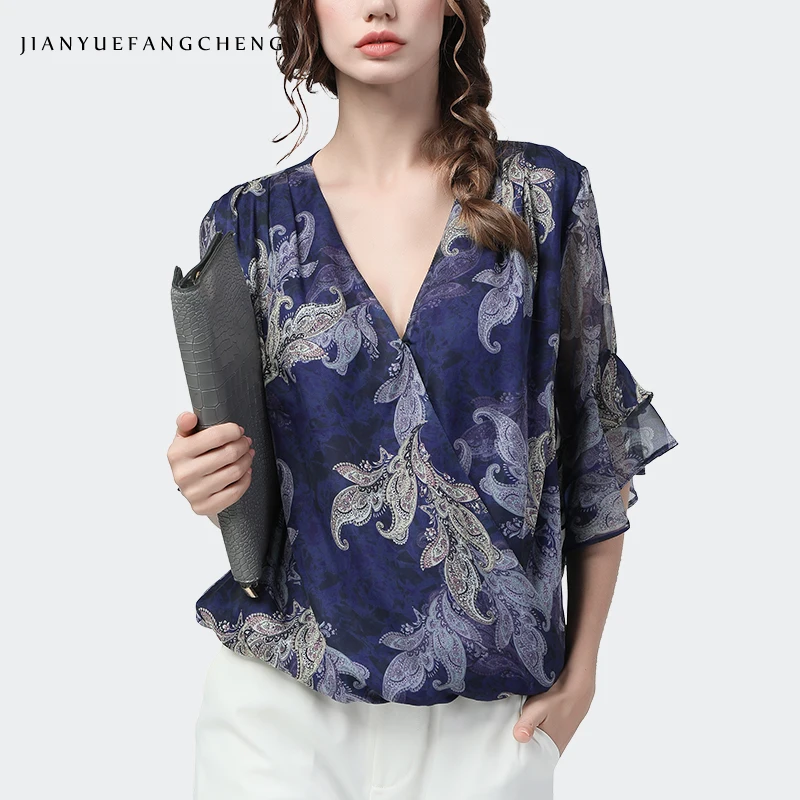 

Vintage Purple Chiffon Print Tops Loose Plus Size Women Summer Tops V-Neck Flare Sleeve Pullover Blouse Casual All-Match Clothes