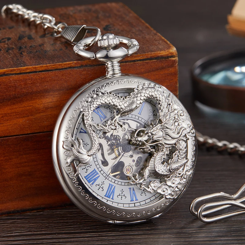 Retro Mechanical Pocket Watch Dragon Play Ball Steampunk Skeleton Hand-Wind Flip Clock Fob Watch with Chain Double Hunter Gift