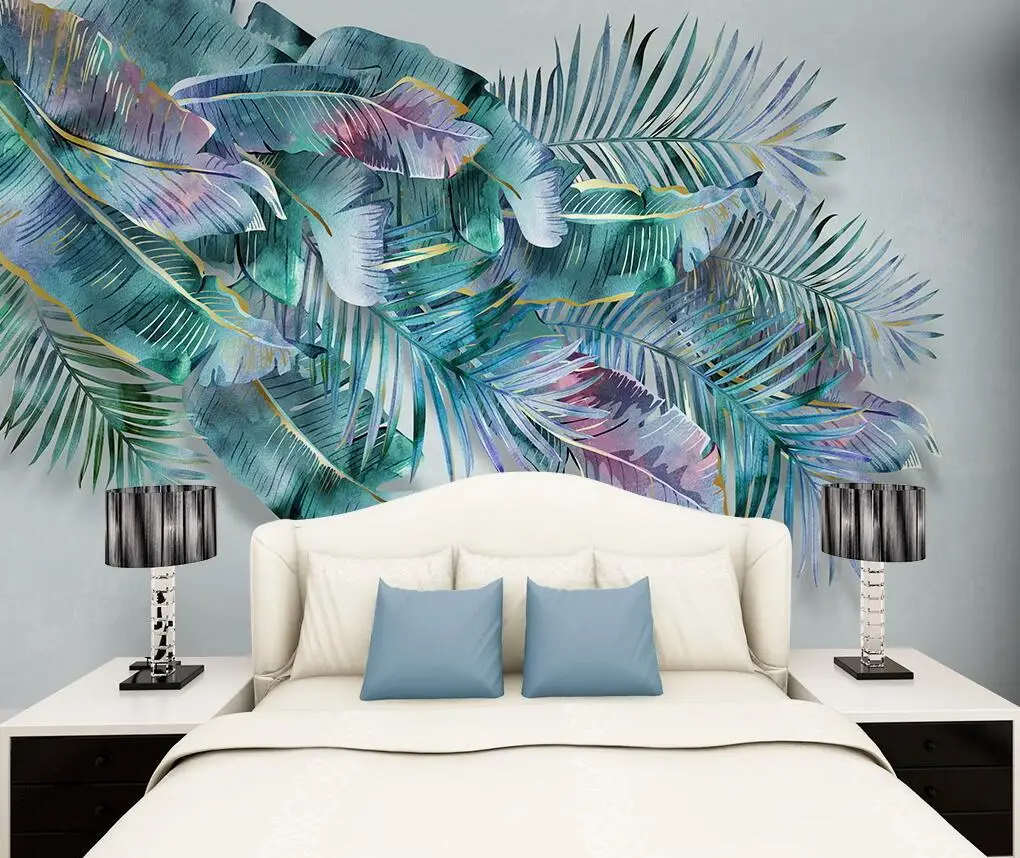 

Photo wallpaper hand-painted tropical plant leaves nordic modern minimalist bedroom TV background wall mural 3d wall sticker