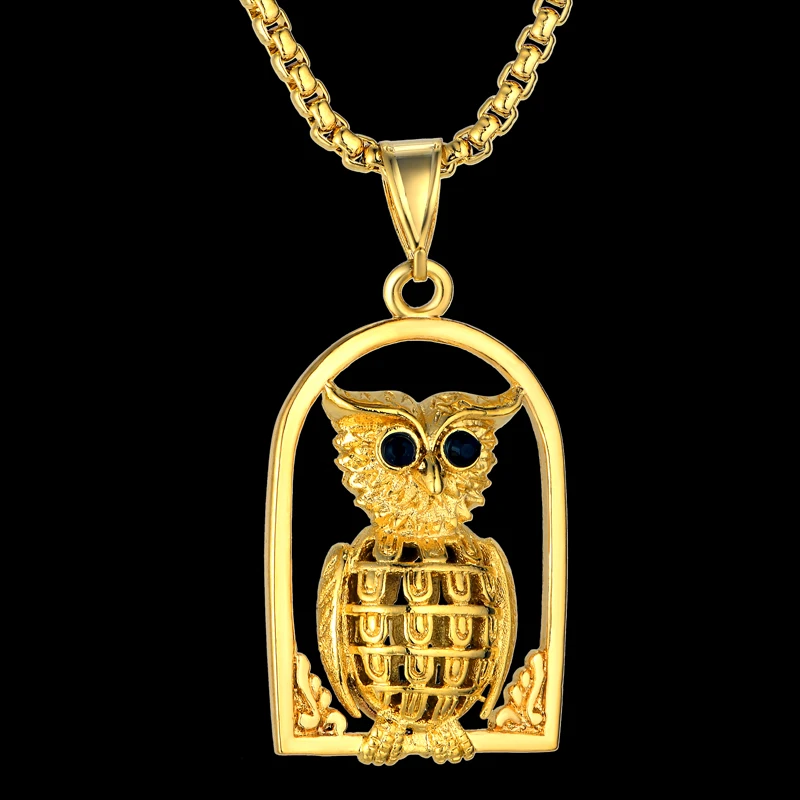 

New Fashion Mens Gold Color Animal Owl Pendant Box Chain Hip Hop Necklace for Women