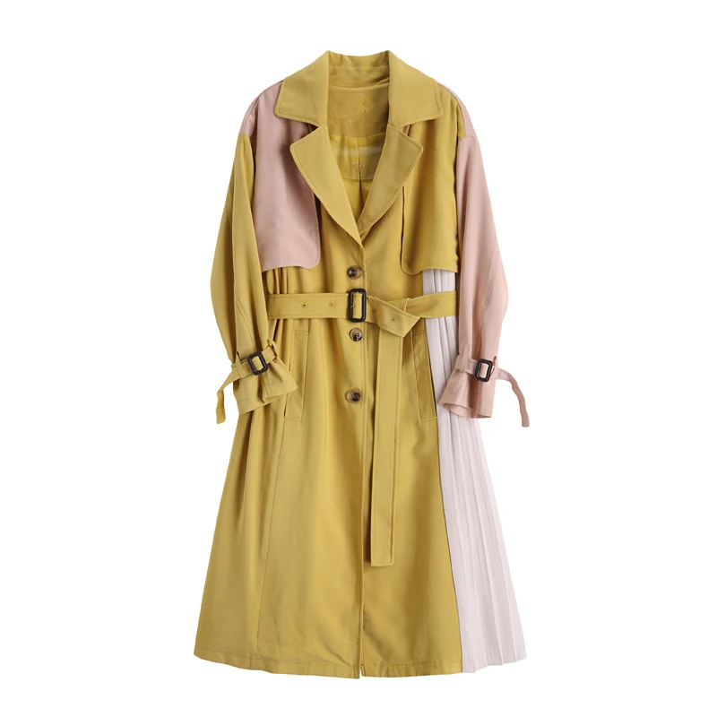 Women Yellow Contrast Color Patchwork Pleated Oversized Trench Fashion Loose Long Sleeved New Label Windbreaker Fall Coats