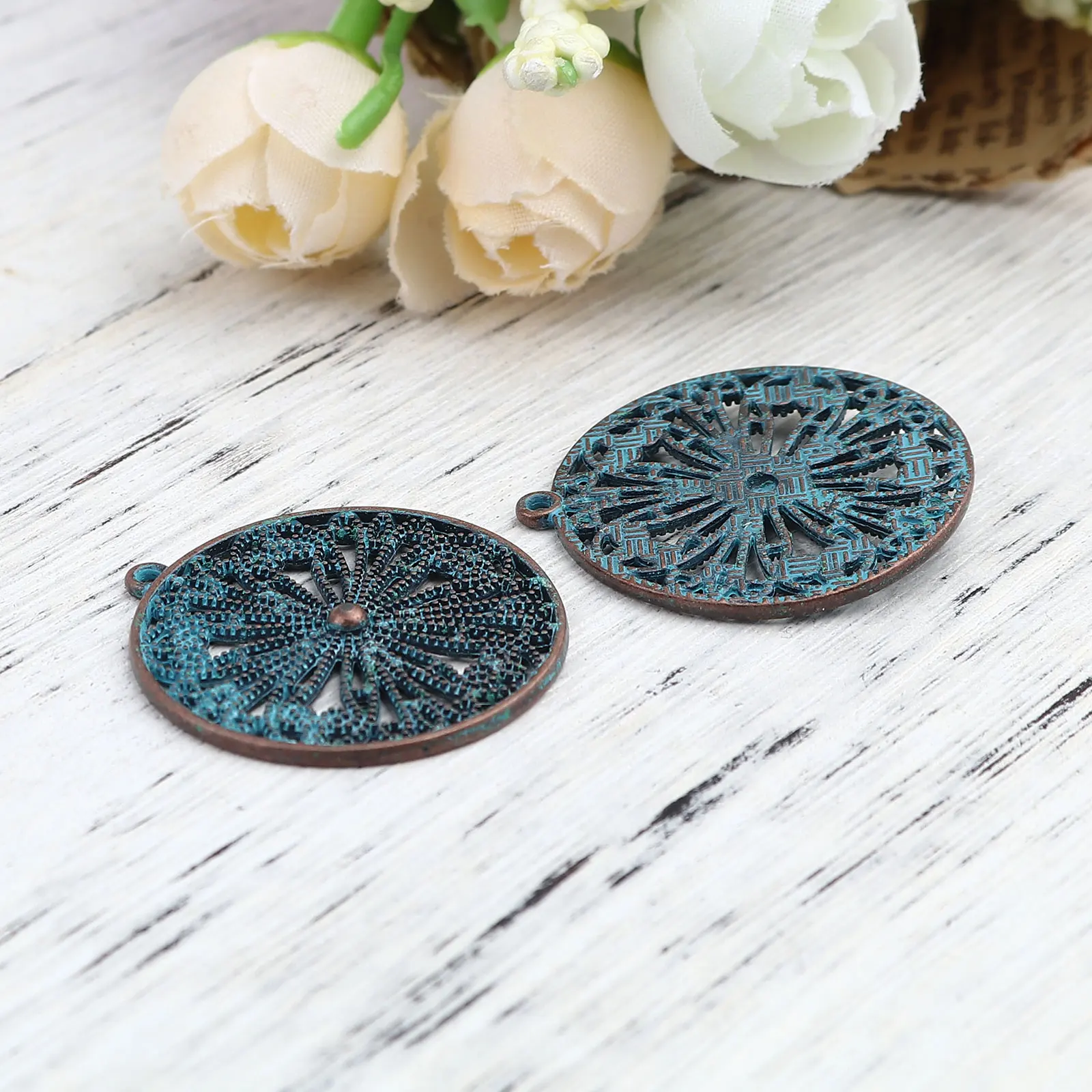 Bohemian Zinc Alloy Patina Pendants Round Antique Copper Green Blue Flower Elephant Charms DIY Making Earrings Necklace Jewelry