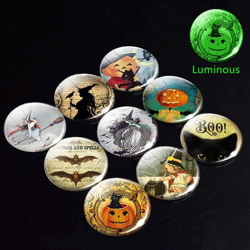 Glow In The Dark Halloween Witch Pumpkin Art Picture 12mm 16mm 20mm 25mm Round Glass Cabochon Base for Diy Jewelry