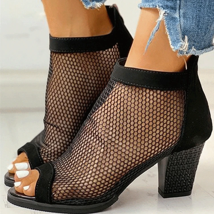 Women Boots Mesh Suede Ankle Boots Lace  Summer Boots Zapatos Chaussures Femme Zipper Square High Heel Leopard Women Shoes