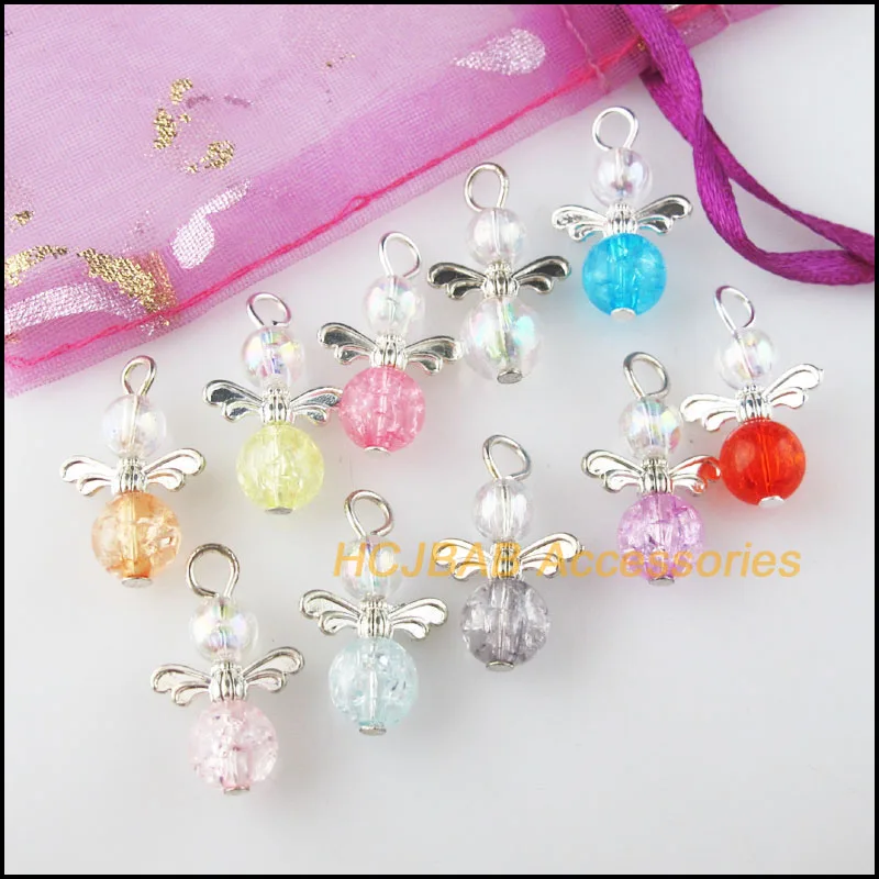 20 New Angel Charms Silver Plated Mixed Shivering Acrylic Ball Pendants 13.5x22mm