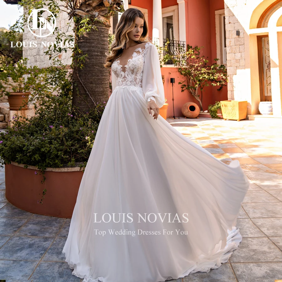 Louis novias-女性用ラインチュールウェディングドレス、自由奔放に生きるブライダルガウン、アップリケボタン、パフスリーブ、Vネック、2020