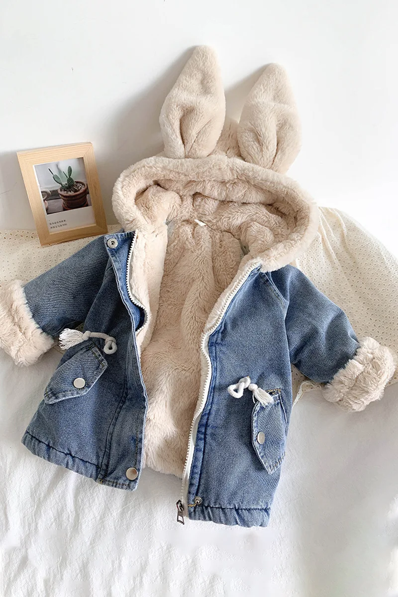 Fashion Autumn Spring Winter Coat Baby Girls Kids Children\'s Warm Plus Velvet Thicken Hooded Top Princess Blue High Quality