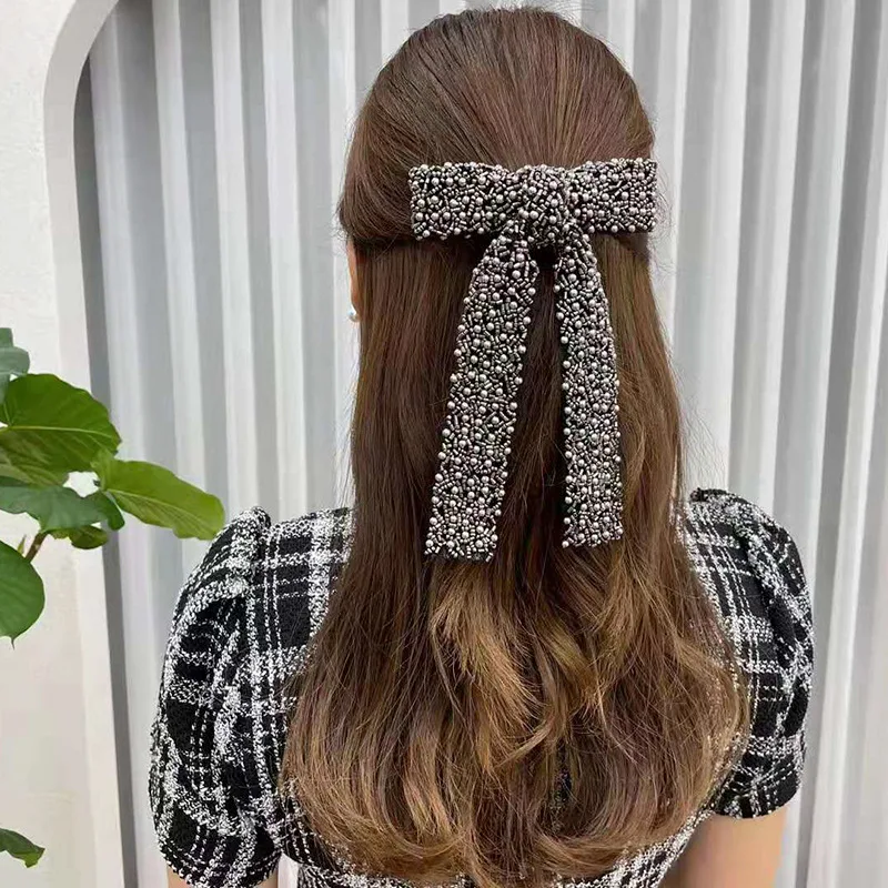 New Beads Hair Bow Clips Solid European Trendy Headdress Pearls Weaving Snap Hair Clips Ponytail Hair Ornament Barrettes