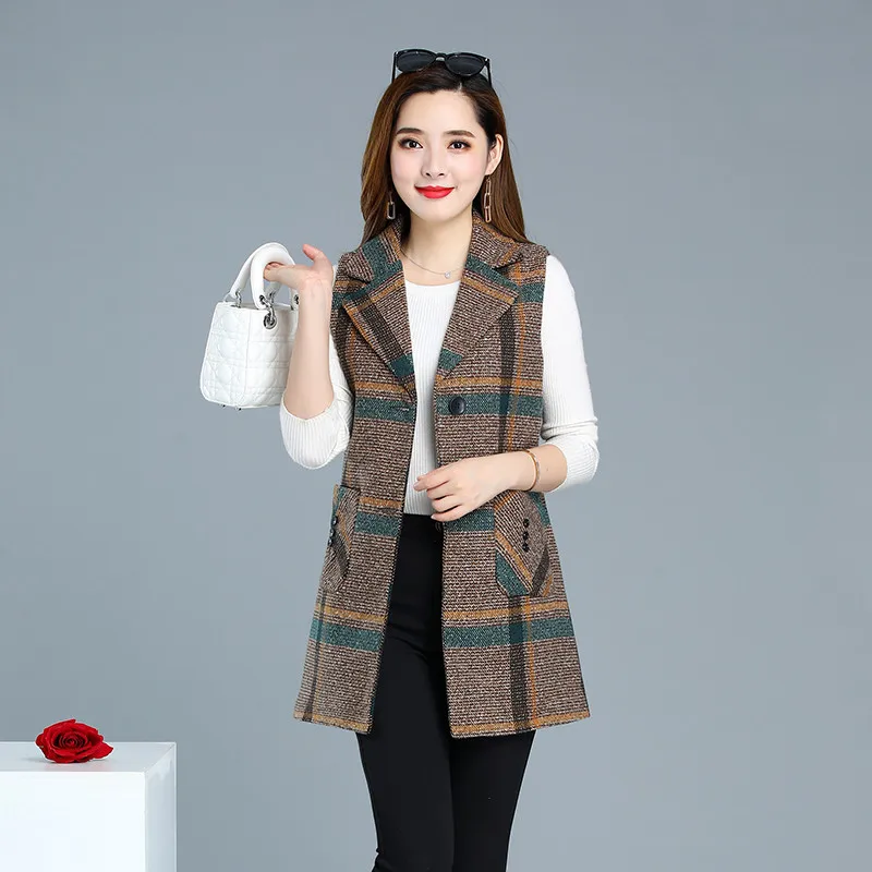 UHYTGF Sleeveless Women Jacket Single-Breasted Spring Autumn Vest Coat Fashion Plaid Casual Female 5XL Loose Size Waistcoat 1253