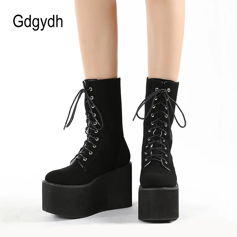 Gdgydh Japanese Harajuku Punk Shoes Winter Boots Women Waterproof Snow Thick Platform Bottom Snow Boots Fur Lace Up Top Quality