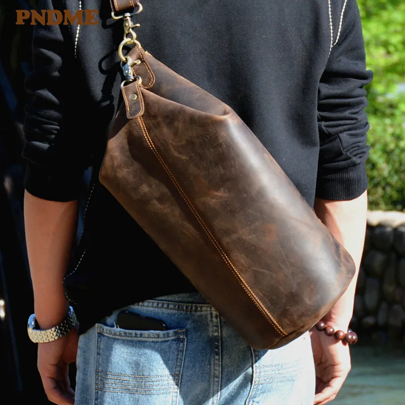 PNDME vintage cylinder design natural genuine leather men\'s chest bag fashion casual crazy horse cowhide shoulder crossbody bags