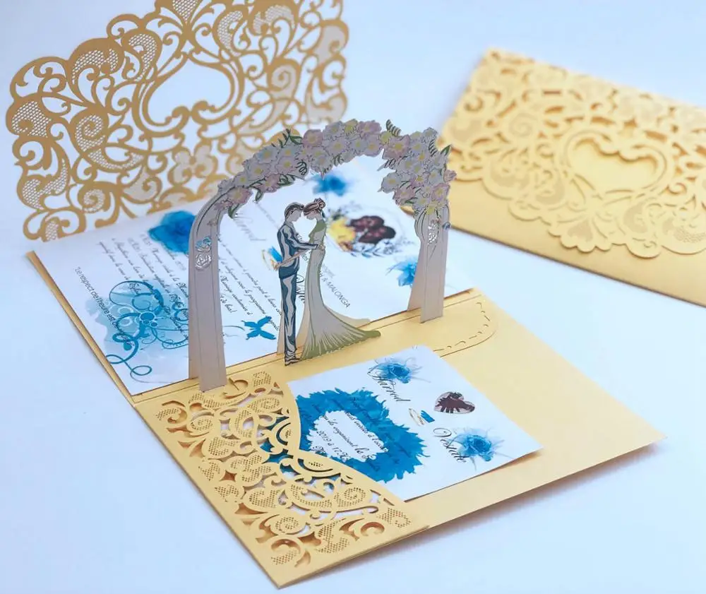 Free Shipping 1x 3D POP UP Card gold gray tri 3 Fold Pocket Wedding Invitation Card Laser cut Invite Greeting card with envelope