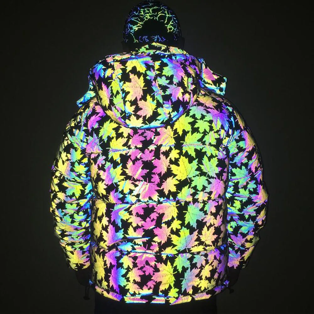 Winter Rainbow Color Reflective Jacket Women\'s Pocket Leaf Reflective Warm Casual Hooded Coat Plus Size Chaqueta De Las Seรฑoras