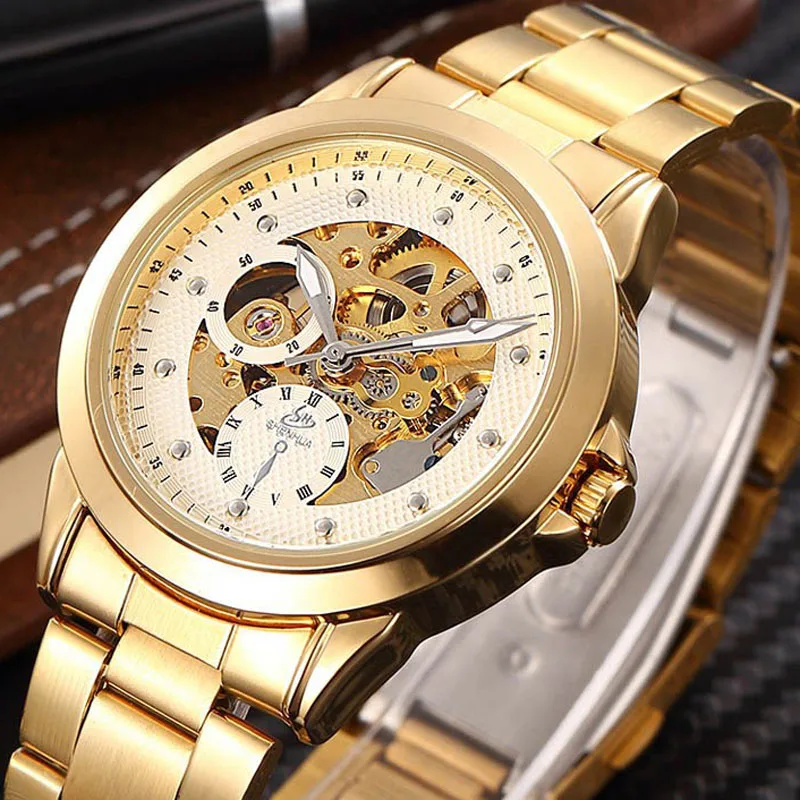 

SHENHUA Luxury Gold Watches Men Stainless Steel Automatic Mechanical Watches Men Skeleton Watches Men Wristwatches reloj hombre