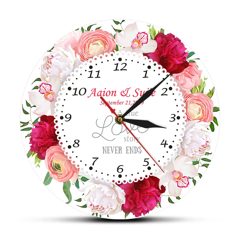 A True Love Story Never Ends Custom Name Married Date Modern Wall Clock Anniversary Floral Wall Watch Personalized Wedding Gift