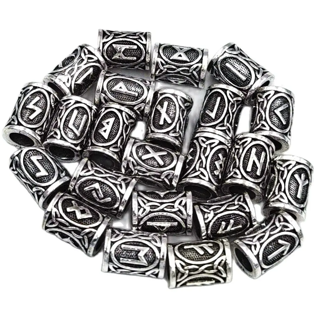 24Pcs Runic Runes Metal Beads Viking Jewelry Bead For Hair Beard Braided Charms Bracelet Making Jewerly Craft Wholesale Supplies