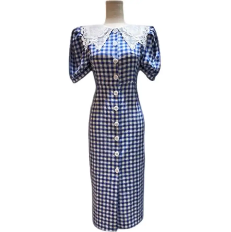 

2021 New Arrivals Summer Fashion Sweet Plaid Doll Collar Single Breasted Puff Sleeves Elegant Vintage A-Line Dress s839