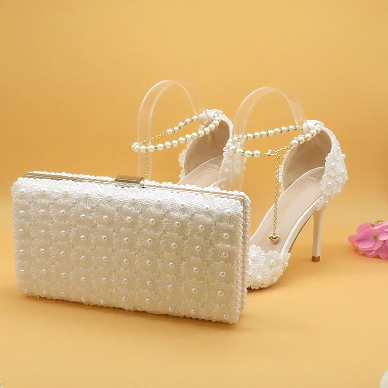 White Lace Flower Wedding Shoes And Bags Set High Heels Pointed Toe Ankle Strap Ladies Party shoe with matching purse Lace-up