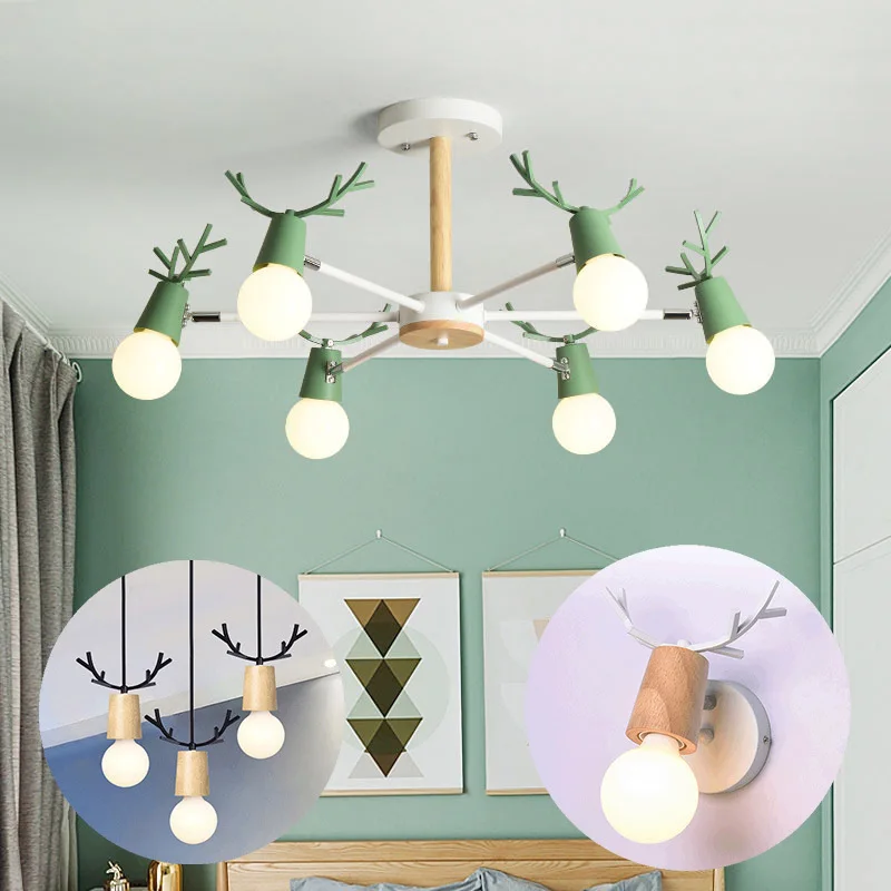 

Contracted Macaron Chandelier Nordic Modern Solid Wood Deer Head Light Living Room Bedroom Creative Personality Hanging Light