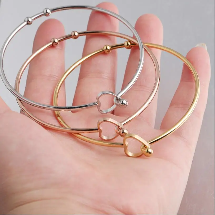 Fashion 2mm Thick Stainless Steel Heart Shped Beads Bangle Bracelet Cuff Bracelet Expandable Can Open Bangle One Piece