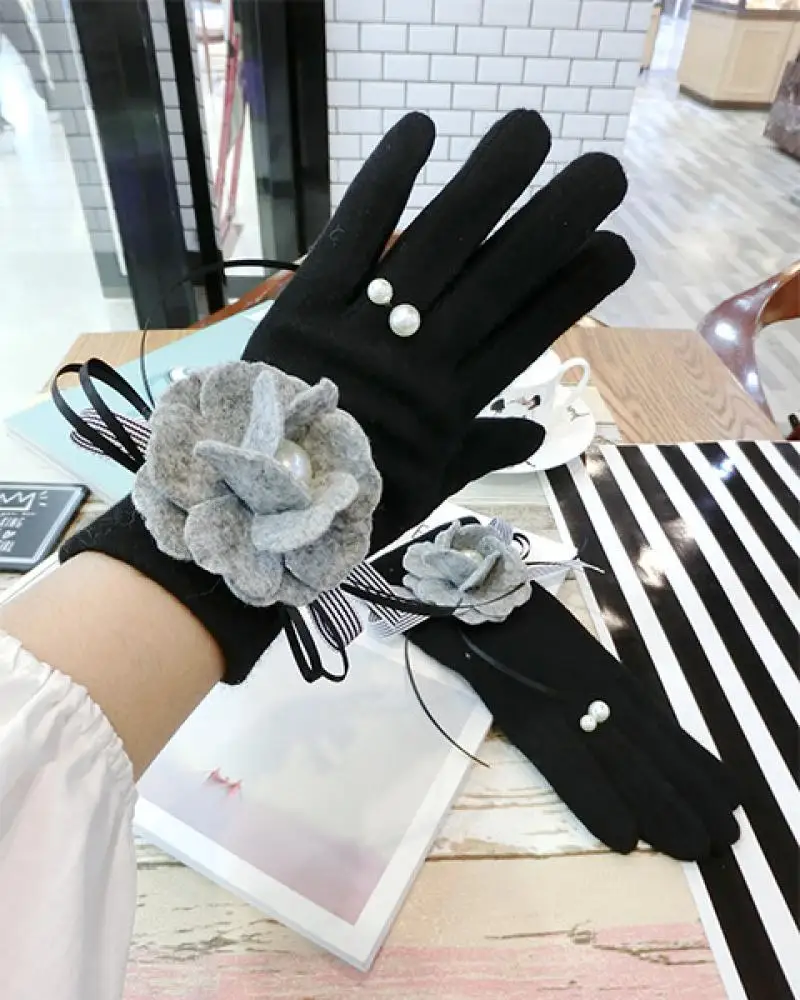 Grey Woolen Cloth Flower Bow Cashmere Gloves Korean Fashion Winter Warm Pearl Ring Touch Screen Finger Gloves Women