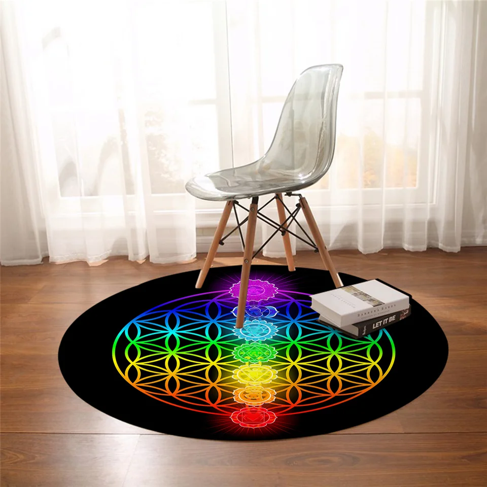 BeddingOutlet Chakra Round Carpets For Living Room Zen Theme Home Carpet Colorful Flower of Life Bedroom Floor Mat Home Decor