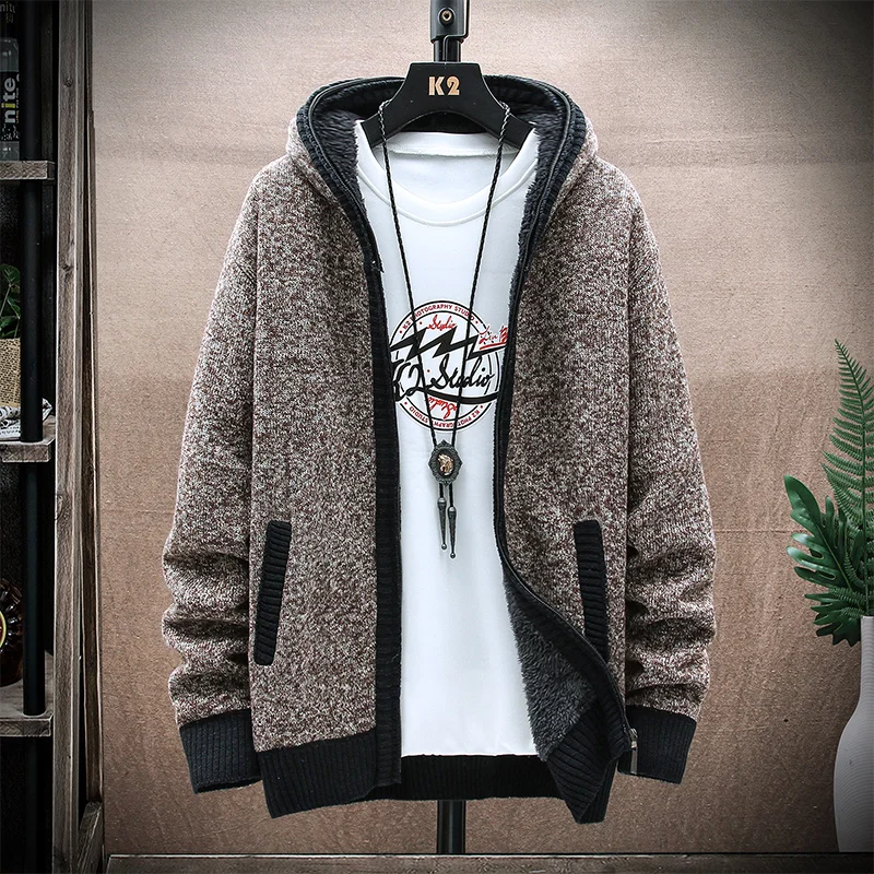 Autumn Winter Knitted Cardigans Men Hooded Sweater Fleece Thick Jacket Street Fashion Casual Y2K Sports Male Sweaters Coat