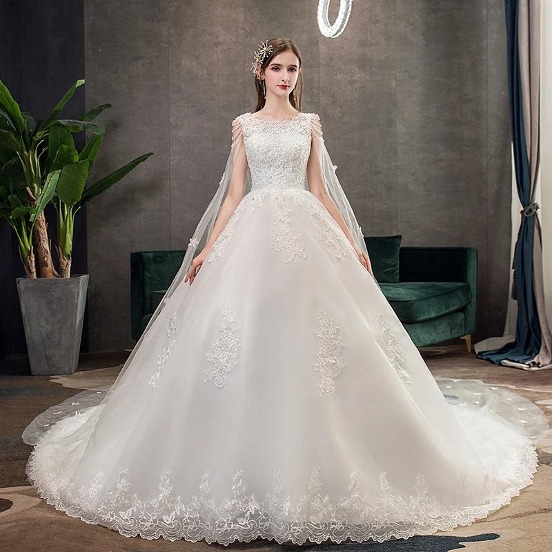 2021 abito da sposa in pizzo con Cape Sweep/ Brush Train Ball Gown abiti da sposa abito da sposa Vintage principessa X