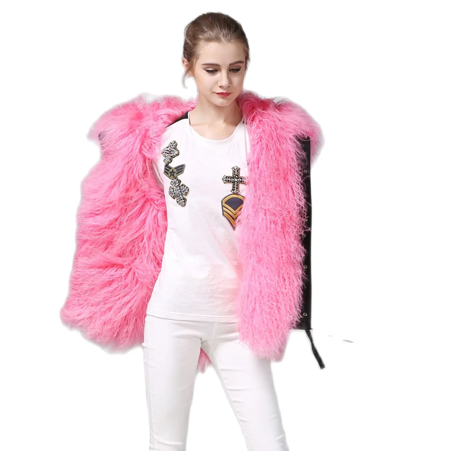 

High Quality Girls Pink Mongolia Sheep Fur Parka Winter Warm Wool Coat With Bid Hooded