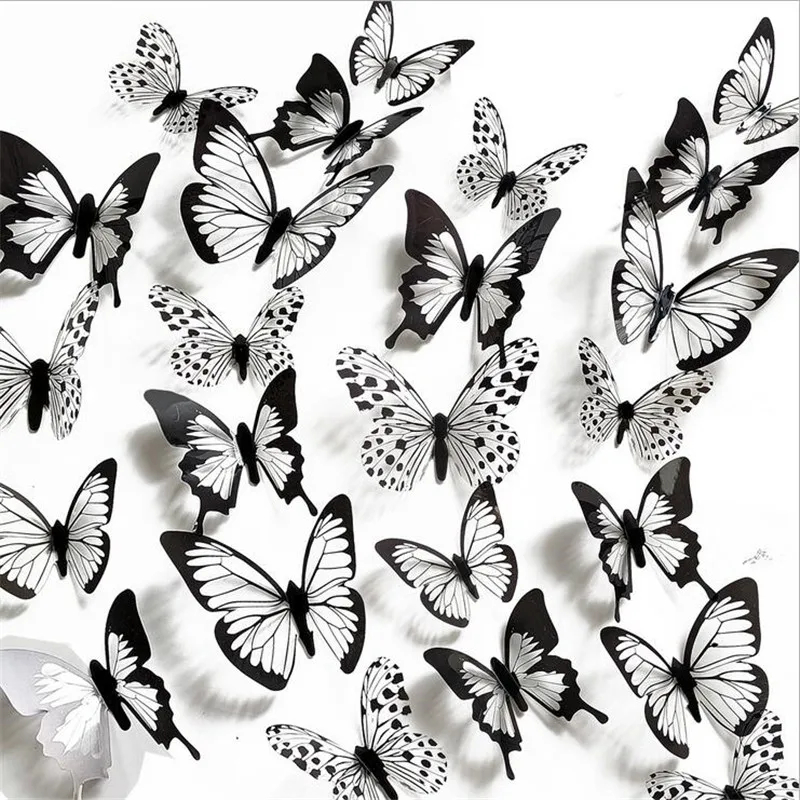 

12PCS 3D Black & White Butterfly Wall Stickers Set Fridge Door Decor Simulation Pattern Living Room Decorative Mural