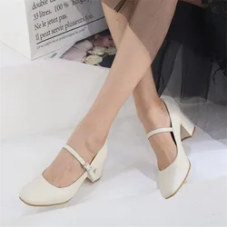 Girls' Leather Shoes New 2023 autumn Women Shoes Mary Jane Ladies High Heels White Wedding Shoes Thick Heel Pumps Lady Shoes