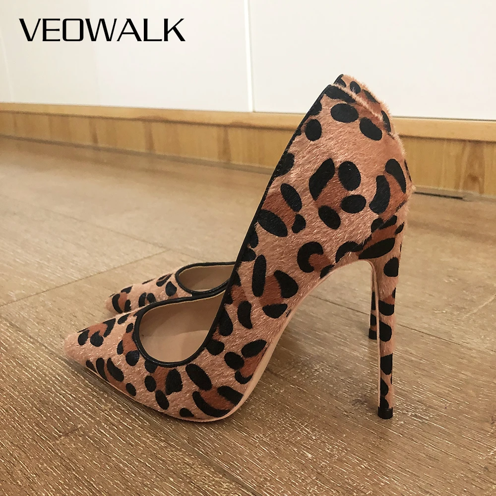 Veowalk Sexy Women Loapard Hairy Fabric Pointy Toe Stiletto Pumps Low Cut Slip On High Heel Party Shoes Plus Size 44 45