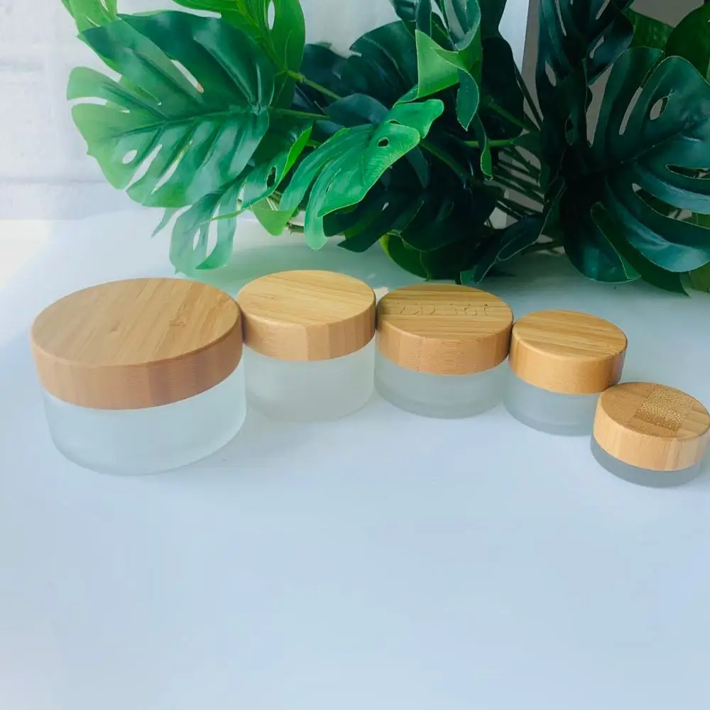 

Bamboo Packaging Empty Cosmetic Cream Container5/15/30/50g Frosted Glass Cream Jar Bamboo Lid Cosmetics Sample Dispenser Pots