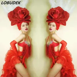 Bar Club Sexy Female Stage Wear Red Flower Feather Headgear Tassel Bikini Tail Dance Outfit DJ Singer Team Performance Costume