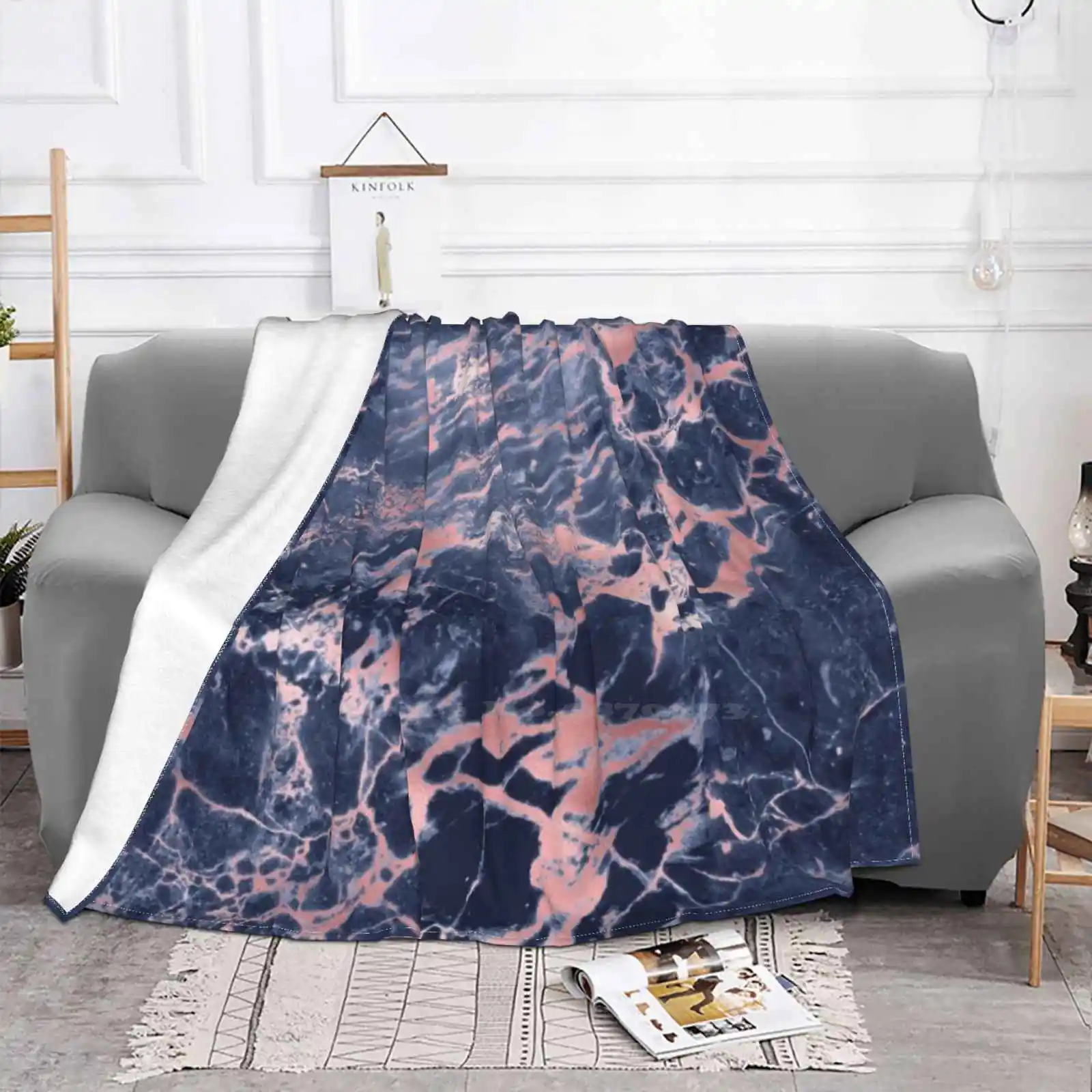 Navy And Blush Marble For Home Sofa Bed Camping Car Plane Travel Portable Blanket Navy Pink Marble Luxury Ele Pattern For Women