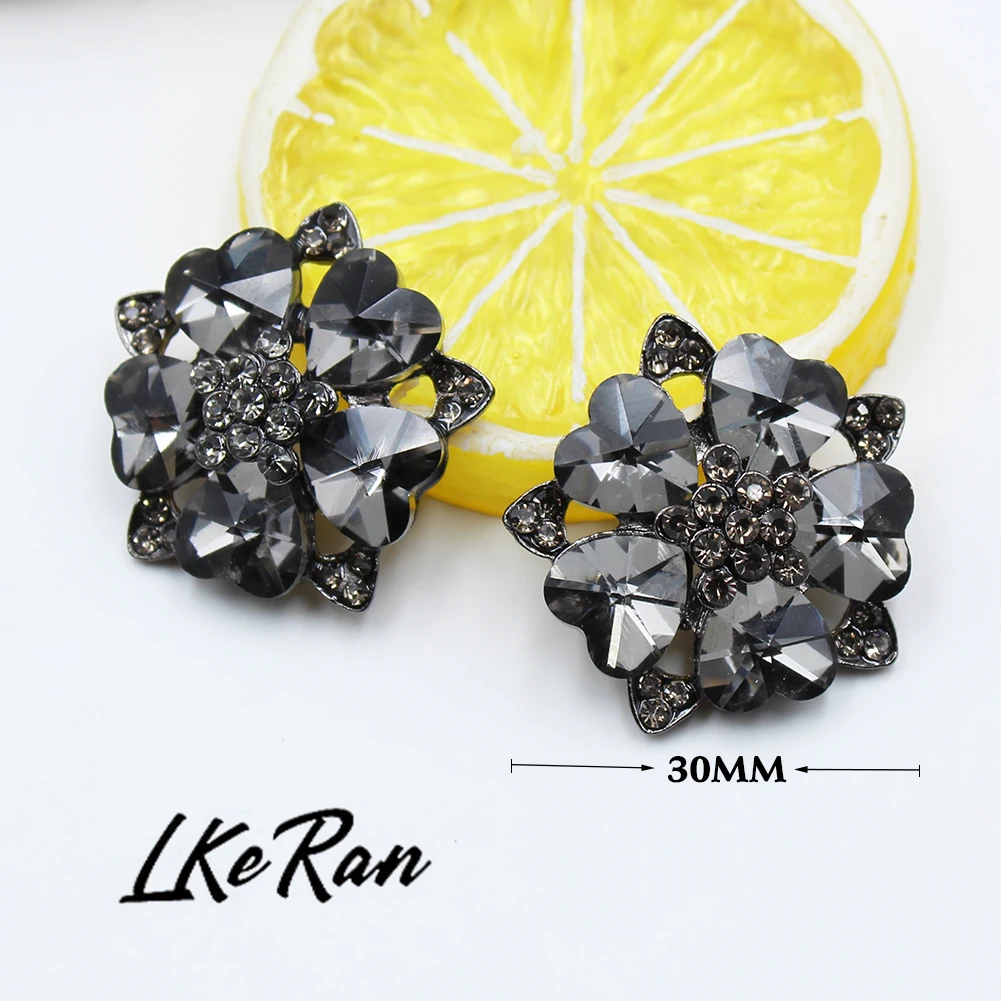 LKERAN 3Pcs/lot 30mm Black Charm Heart Crystal Rhinestones Buttons Metal Shank Sewing For Clothing Diy Accessories Decorative