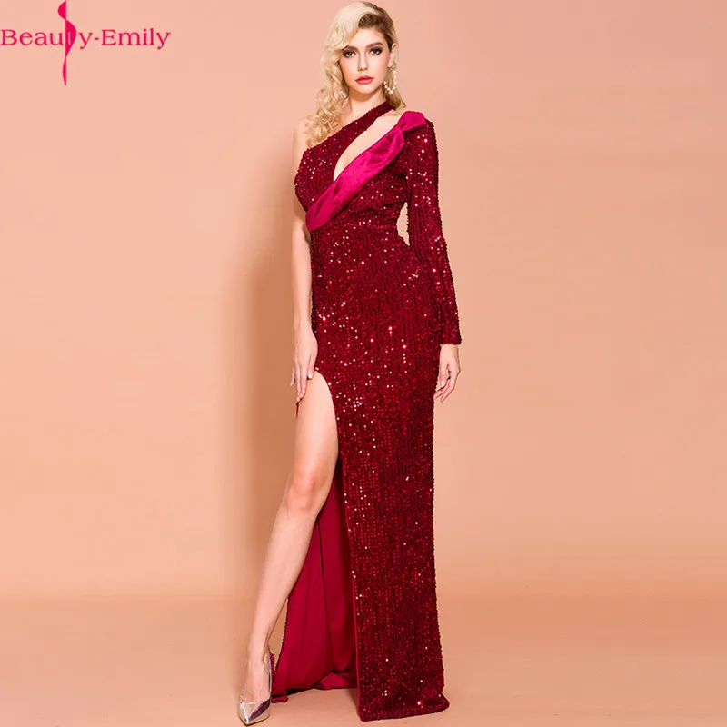 

Fashion Asymmetrical One Shoulder Evening Dress with High Split 2020 New Design Zipper Back Solid Sequined Mermaid Women Dress