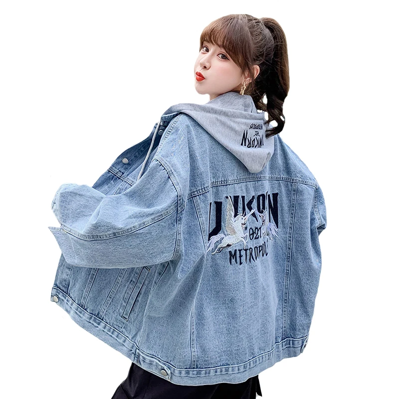 Embroidered Denim Jackets for Women, Spring Autumn Outside Wear, Loose Long, Removable Cap, Cowboy Jacket, Tops Streetwear, New