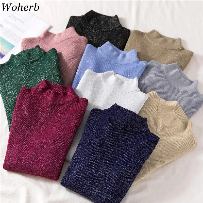 Woherb Lurex Glitter Women Sweater Autumn Winter Turtleneck Pullover Jumper Fashion Elegant Solid Stretch Female Sweaters Top