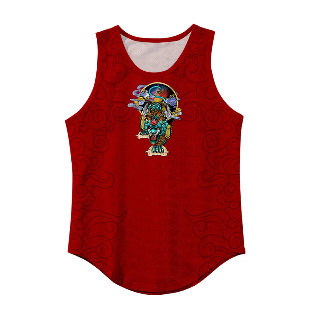 Men Red Dragon Print Tank Top Fitness Singlet Sleeveless Shirt Workout Man Undershirt Clothing New