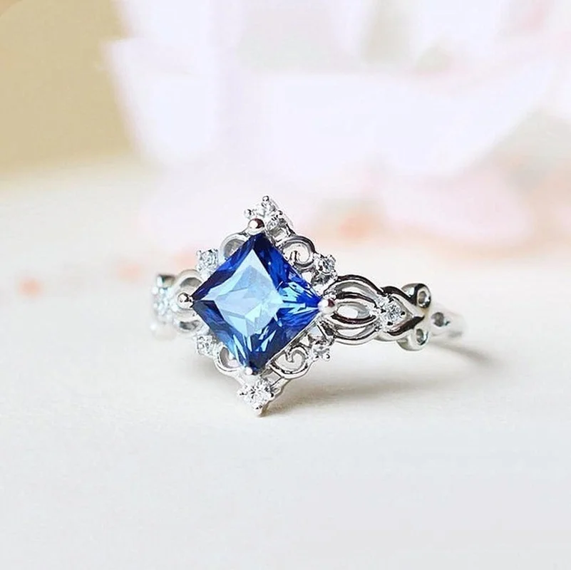 Vintage Princess Cut Lab Sapphire Ring 925 Sterling Silver  Engagement Rings Bridal Fine Jewelry Size US5-12