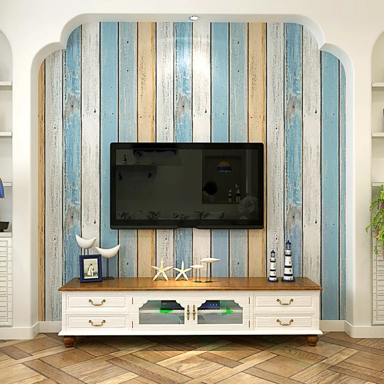 Mediterranean Style TV background wall paper living room film and television wall imitation wood grain wallpaper non-woven blue