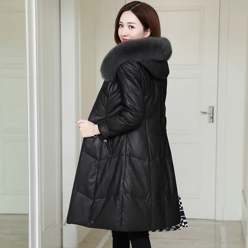 PU Leather Cotton Coat Female Fashion Ladies Winter Coat Parker Faux Fox Fur Hooded Mid-Length Black Leather Jacket Outerwear