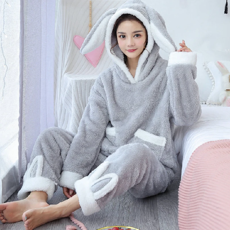 Winter Coral Fleece Pajama Set Women Thick Warm Flannel Velvet Cozy Two Piece Sleepwear Rabbit Ear Hooded Home Clothing Homewear