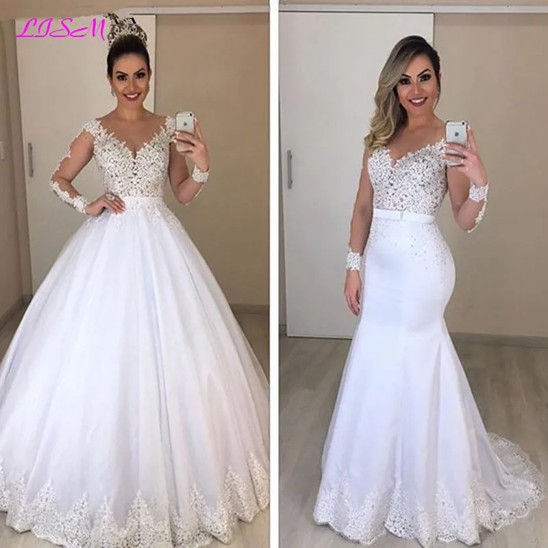 Vestido De Novia الدانتيل 2 في 1 حورية البحر فساتين الزفاف طويلة الأكمام انفصال قطار منتفخ تول زين الزفاف زي العرائس